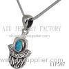 Vintage Hamsa Hand Jewelry Blue Opal Antique Silver Charm Pendant