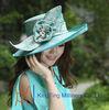 Ladies Green Square Big Brim Satin Ribbon Ladies Dress Church Hats With Flowers / Brooch