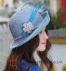 Accessories Satin Dress Womens church Hats with Blue Feather Bar Brooch , 100% Wool