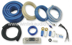 0 GA amplifier wiring kit with flexible PVC clear blue power cable