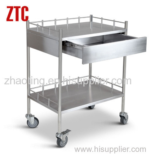 Stainless steel medical trolley with drawer double layers medication cart
