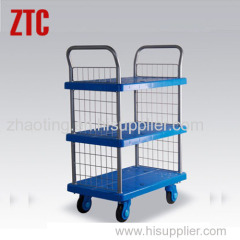 Three layers plastic trolley mesh sides platform utility handcart with wheels