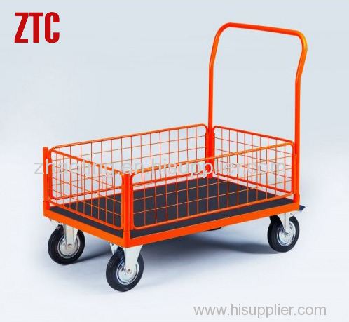 Industry mobile flat wire cart warehosue logistic hand truck with four mesh sides