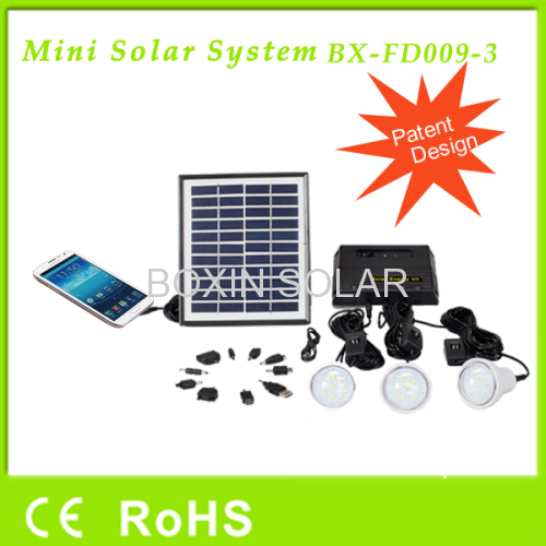 Mini rechargeable solar home systems with 3 bulbs and mobile phone charger