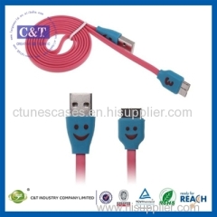 C&T Wholesale accessories Smile Face SYNC Flat Cord Charger led light cable micro usb