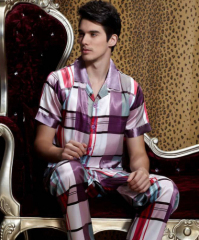 mitation Silk Men Summer Pajama printed geometric purple short Sleve