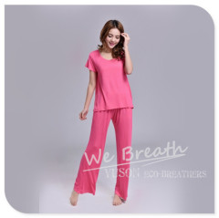 Apparel&Fashion Underwear&Nightwear Sleepwear&Pajamas Women Bamboo Fiber Pajamas Short Sleeves Set Rose Red Beach Pants