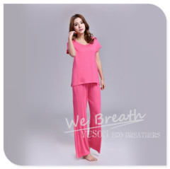 Apparel&Fashion Underwear&Nightwear Sleepwear&Pajamas Women Bamboo Fiber Pajamas Short Sleeves Set Rose Red Beach Pants