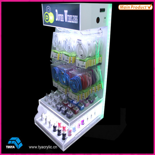 Wholesale Lighted Counter Display Plastic Phone Charger Display Acrylic Cell Phone Accessory Display Rack with Hooks