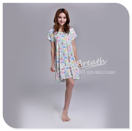 Apparel & Fashion Underwear & Nightwear Sleepwear & Pajamas Lotus bottom hem short sleeves O neck sleep shirt for ladies