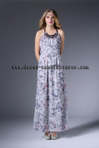 2015 Long Summer beautiful Chiffon Bead Print Maxi Dress