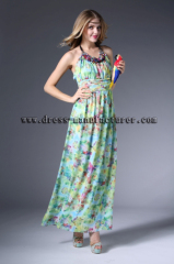 2015 Long Summer Chiffon Bead Print Maxi Dress
