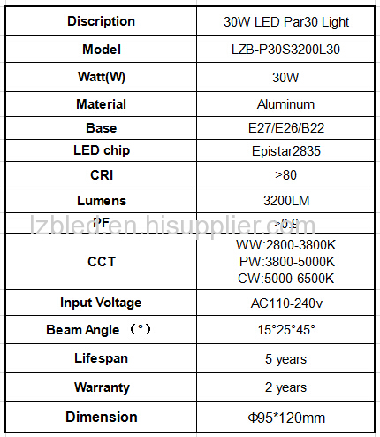 30W Par30 High Power LED Spot Light for Commercials