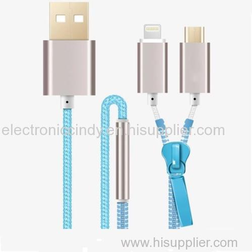 Zipper style 2.1A high speed 2 in 1 mobile charger data cable