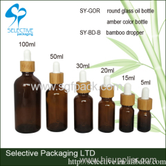 round glass bottle 5/10/15/20/30/50/100ml amber/brown color bamboo dropper bottle glass essential oil bottle