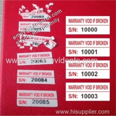 tamper proof breakable red printed warranty void if broken label with numbers