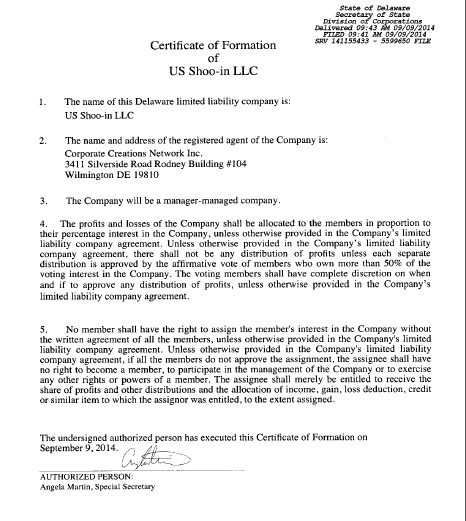 Certificate Of Formation Of US Shoo-In LLC