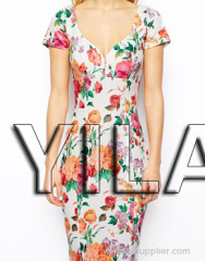 2015 new design hot in summer plunging neckline floral printed dress