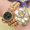 Custom Ladies Bracelet Wrist Watches , Gold Rhinestone Girls Pearl Bracelet Watch
