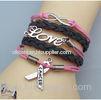 Metal Charm Breast Cancer Bracelet / Black Braided Leather Bracelet