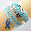 Leather Wrap Bracelet / Breast Cancer Charm Bracelet With Blue Ribbon Custom