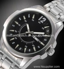 stainless steel watch with black dial