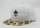 Woven Embroidered Flat Bill Hats White With Leopard Brim , Hip Hop Cap