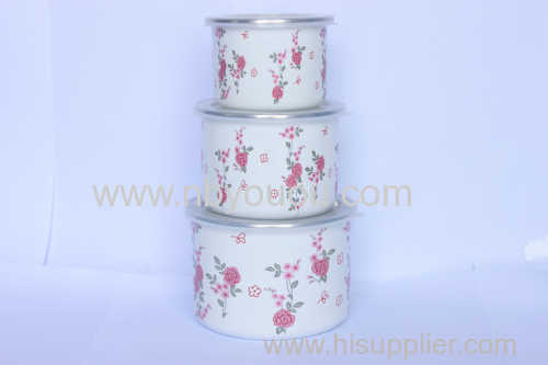 3pcs Cute Enamel Large Storage Bowl Sets with PP Lid &Flower Decal