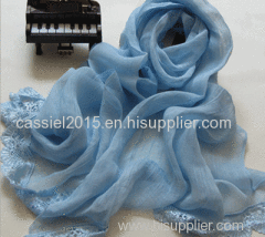 100%linen solid blue scarf with lace on both ends