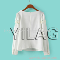2015 dress factory recomend New Style White Fower Chiffon Blouses for Women