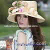 Yellow Stripe Womens Straw Hat With Pink Flowers Fascinator , customized