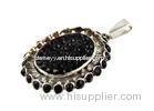 Long Oval Flower Stainless Steel Pendants Enameled Petal Jet Crystal In Black Epoxy