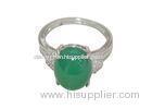 Oval Green Jade 925 Sterling Silver CZ Rings , Rhodium Plated Classic Silver Rings