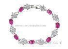 Fushia Oval Clear Crystal Flower Charm Link Bracelet / Sterling Silver Chain Bracelets