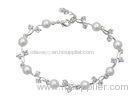 925 Sterling Silver Bangle Bracelets With Pearl Tulip Flower Charm Link / Clear Crystal Leaf