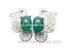 Rhodium Plated Butterfly Sterling Silver Earrings With Clear Zircon And Green Carnelian