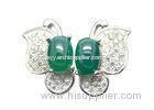 Rhodium Plated Butterfly Sterling Silver Earrings With Clear Zircon And Green Carnelian