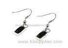 Flat Oblong Stainless Steel Earrings Hooks With Jet Crystal / Silver Plated