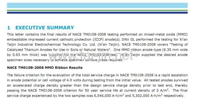 MMO Ribbon Anode-Pass the test from Det Norske Veritas (U.S.A.), Inc.