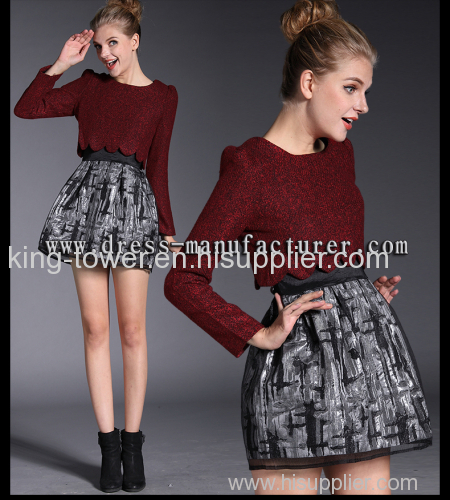 2015 dress factory wholesale maroon organza sweater and skirt
