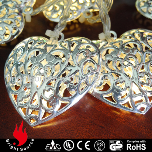 10L silver hollow heart warm white LED string decorative lights