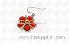 Red Oval Crystals Stainless Steel Earrings Plum Blossom Design