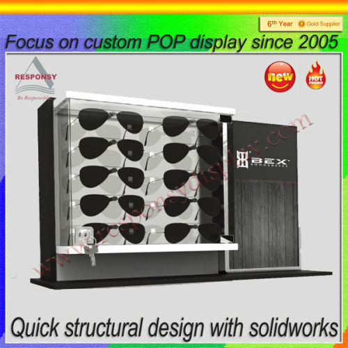 High end counter lockable wood sunglasses display showcase with led lighting