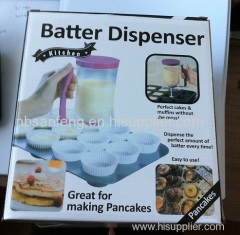 Cake batter dispenser with measuring label batter separator