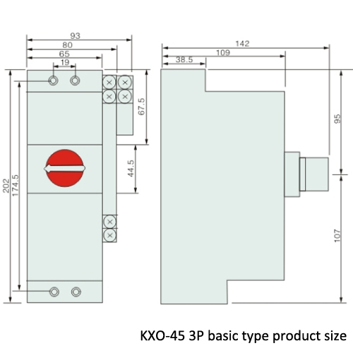 KXO/3P basic type product overall and installation size and basic electric control drawing 