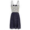 100% jaquared cotton navy trapeze casual summer dress with white flower cotton lace fo