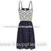 100% jaquared cotton navy trapeze casual summer dress with white flower cotton lace fo