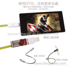 2015 Summer new return double USB LED cable with OTG connecting cable for mobile phone