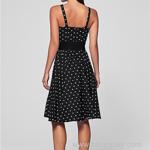 Spandex and cotton brie dots print belted black natural waist casual dresses factory price dress ODM