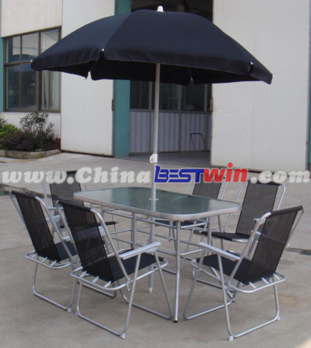 Beach umbrella with fiberglass table and chairs